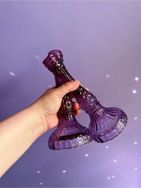 Pair of Purple Glass Candlesticks for Taper Candles